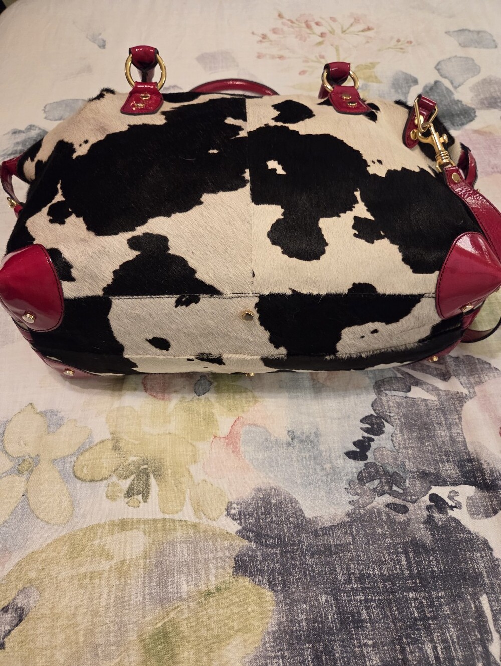 CAVALCANTI Black White Calfβ Hair Cow Print Red Italian Leather X-Large Tote Bag - Picture 2 of 16